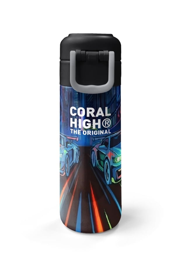 Coral High Kids Siyah Çok Renkli Yarış Arabası Desenli Pipetli ve Direkt İçim Çelik Termos 500 ml 38141