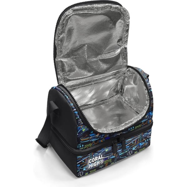 Coral High Kids Siyah Çok Renkli Yarış Arabası Desenli Thermo İki Katlı Beslenme Çantası 37210