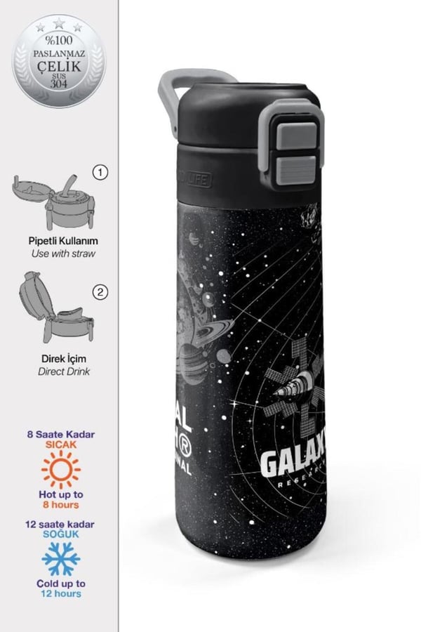 Coral High Kids Siyah Galaxy Desenli Pipetli ve Direkt İçim Çelik Termos 500 ml 31857
