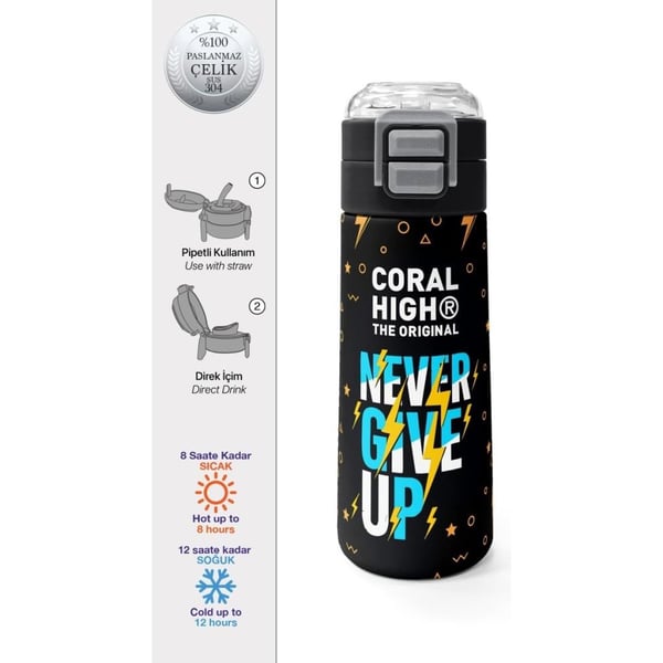 Coral High Kids Siyah Never Give Up Desenli Pipetli ve Direkt İçim Çelik Termos 500 ml 38120
