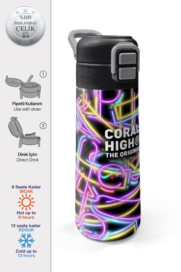Coral High Kids Siyah Renkli Neon Desenli Pipetli ve Direkt İçim Çelik Termos 500 ml 38130