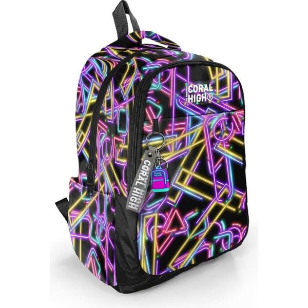 Coral High Kids Siyah Renkli Neon Desenli Üç Bölmeli Okul Sırt Çantası 33248