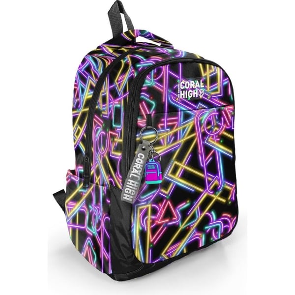 Coral High Kids Siyah Renkli Neon Desenli Üç Bölmeli Okul Sırt Çantası 33248