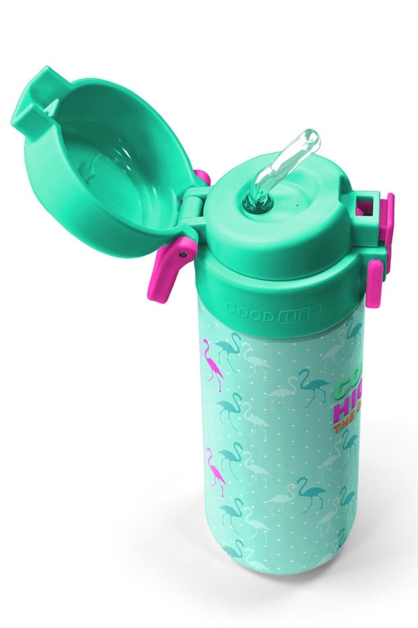 Coral High Kids Su Yeşili Neon Pembe Flamingo Desenli Pipetli ve Direkt İçim Çelik Termos 500 ml 31904