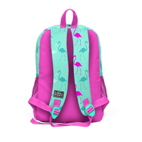 Coral High Kids Su Yeşili Neon Pembe Flamingo Desenli Dört Bölmeli Okul Sırt Çantası 23111