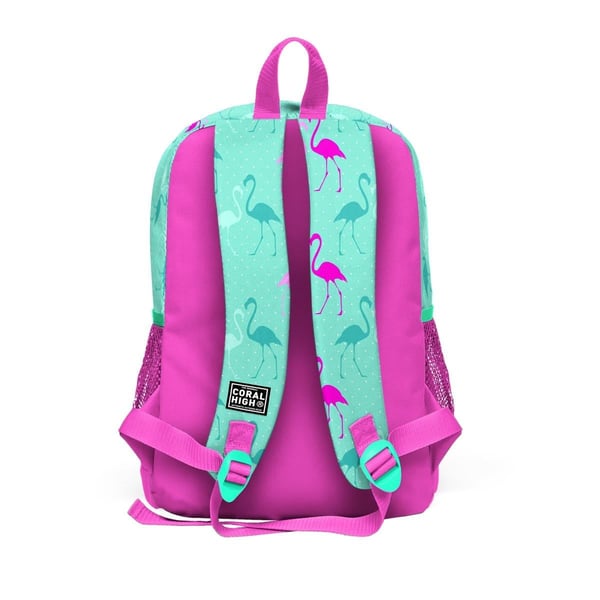 Coral High Kids Su Yeşili Neon Pembe Flamingo Desenli Dört Bölmeli Okul Sırt Çantası 23111