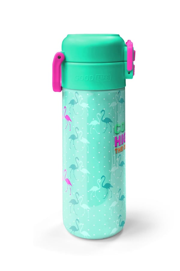 Coral High Kids Su Yeşili Neon Pembe Flamingo Desenli Pipetli ve Direkt İçim Çelik Termos 500 ml 31904