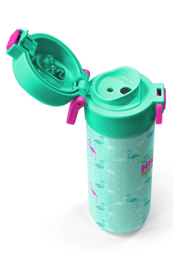 Coral High Kids Su Yeşili Neon Pembe Flamingo Desenli Pipetli ve Direkt İçim Çelik Termos 500 ml 31904