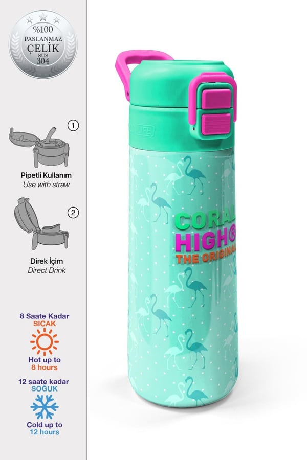 Coral High Kids Su Yeşili Neon Pembe Flamingo Desenli Pipetli ve Direkt İçim Çelik Termos 500 ml 31904