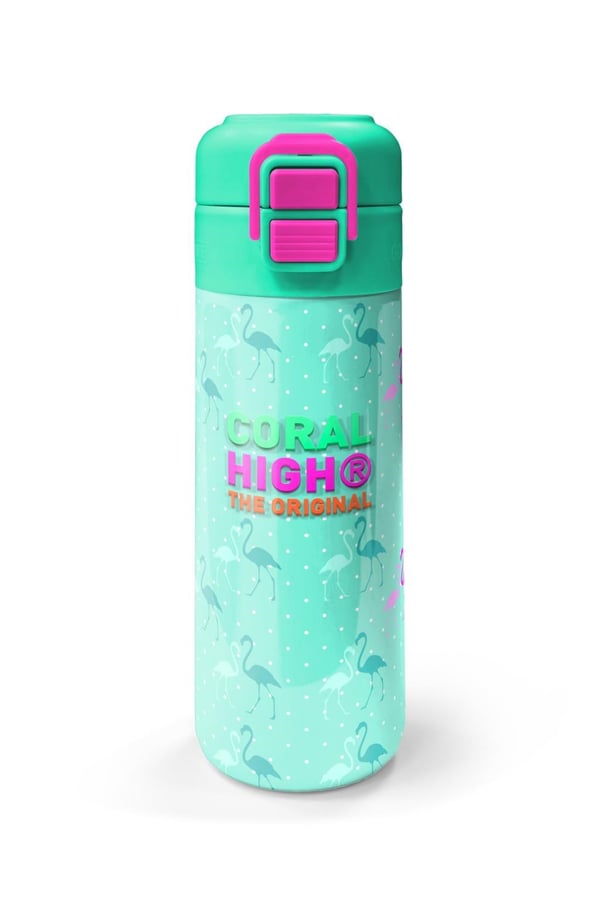 Coral High Kids Su Yeşili Neon Pembe Flamingo Desenli Pipetli ve Direkt İçim Çelik Termos 500 ml 31904