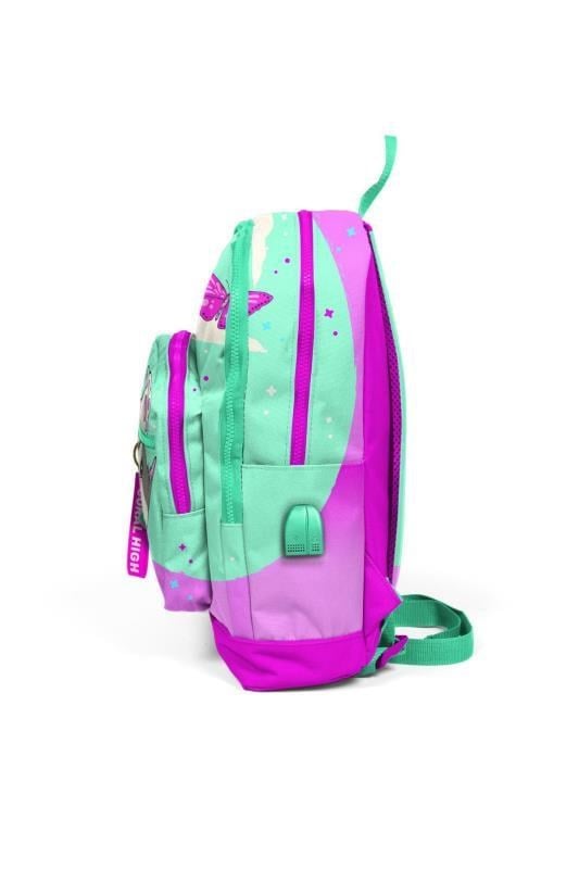 Coral High Kids Su Yeşili Pembe Kedi Desenli Dört Bölmeli USBli Okul Sırt Çantası 23807