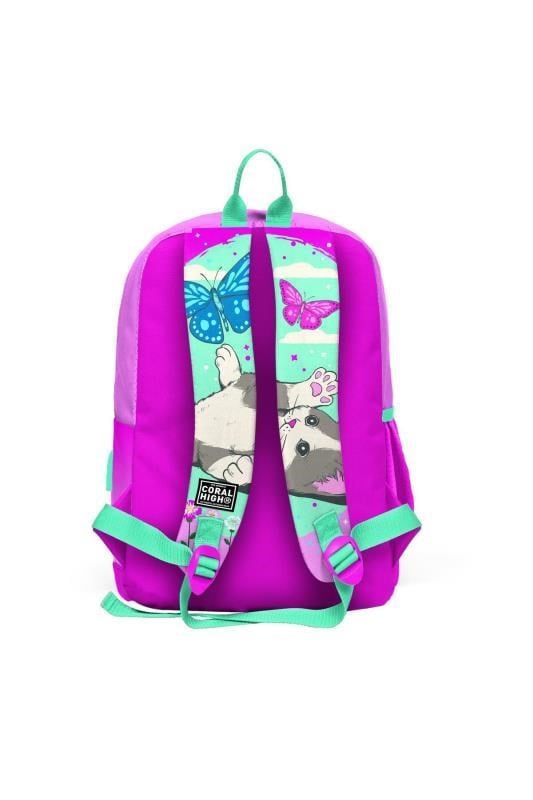 Coral High Kids Su Yeşili Pembe Kedi Desenli Dört Bölmeli USBli Okul Sırt Çantası 23807