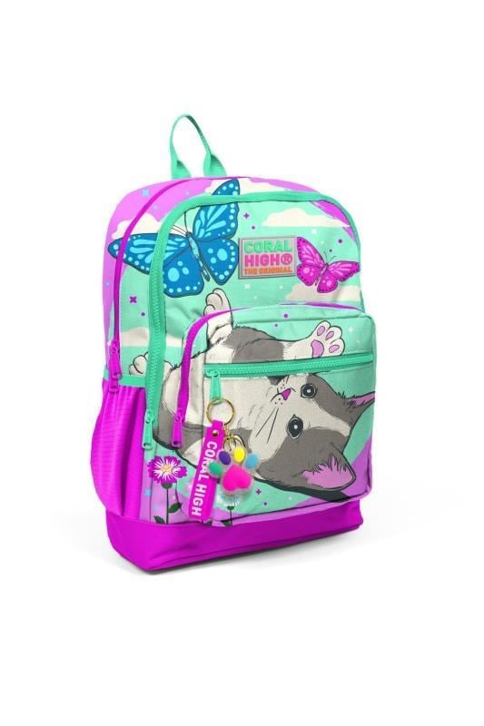 Coral High Kids Su Yeşili Pembe Kedi Desenli Dört Bölmeli USBli Okul Sırt Çantası 23807