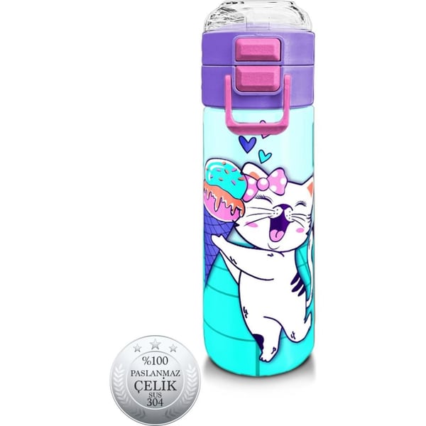 Coral High Kids Turkuaz Pembe Dondurmalı Desenli Pipetli ve Direkt İçim Çelik Termos 500 ml 31952