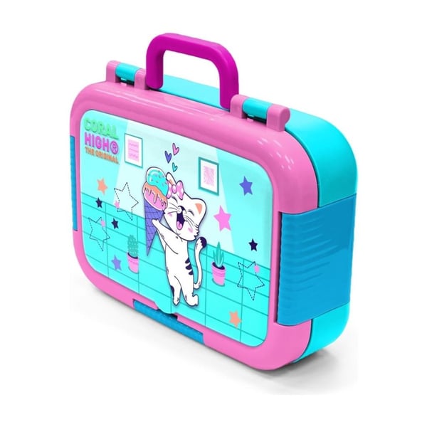 Coral High Kids Turkuaz Pembe Dondurmalı Kedi Desenli Paslanmaz Çelik Beslenme Kabı 39259