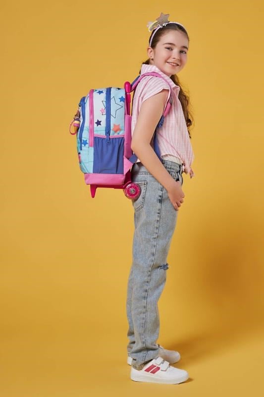 Coral High Kids Turkuaz Pembe Dondurmalı Kedi Desenli Üç Bölmeli Çekçekli Okul Sırt Çantası 23951