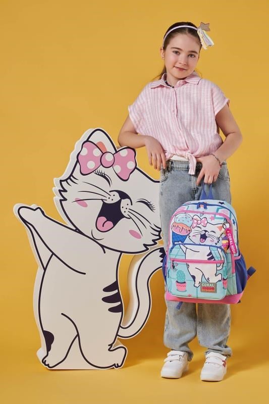 Coral High Kids Turkuaz Pembe Dondurmalı Kedi Desenli Okul Sırt Çantası 23751