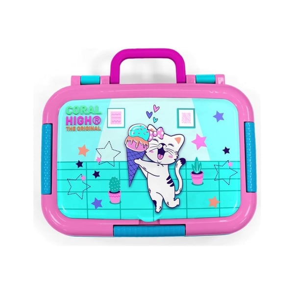Coral High Kids Turkuaz Pembe Dondurmalı Kedi Desenli Paslanmaz Çelik Beslenme Kabı 39259