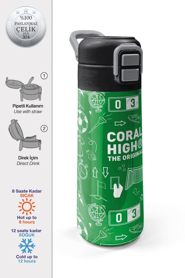Coral High Kids Yeşil Futbol Desenli Pipetli ve Direkt İçim Çelik Termos 500 ml 38129