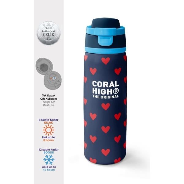 Coral High Lacivert Kırmızı Kalp Desenli Pipetli ve Direkt İçim Çelik Termos 800 ml 38507