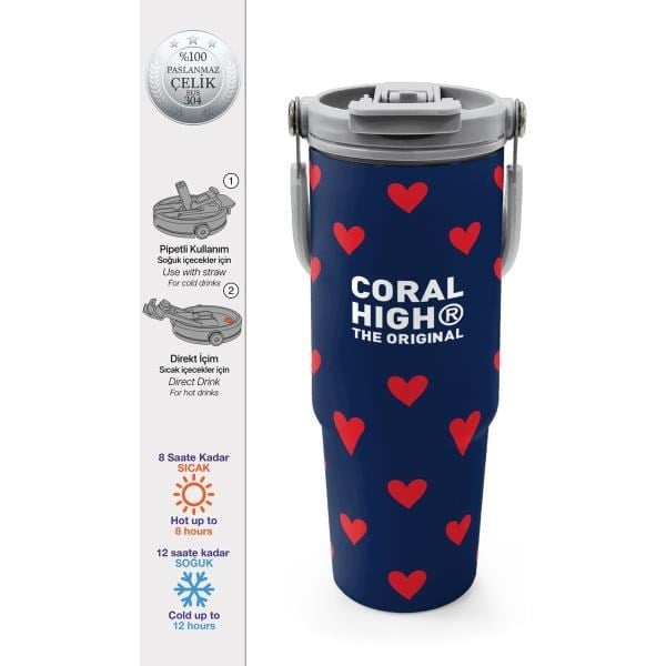 Coral High Lacivert Kırmızı Kalp Desenli Pipetli ve Direkt İçim Çelik Termos 900 ml 38705