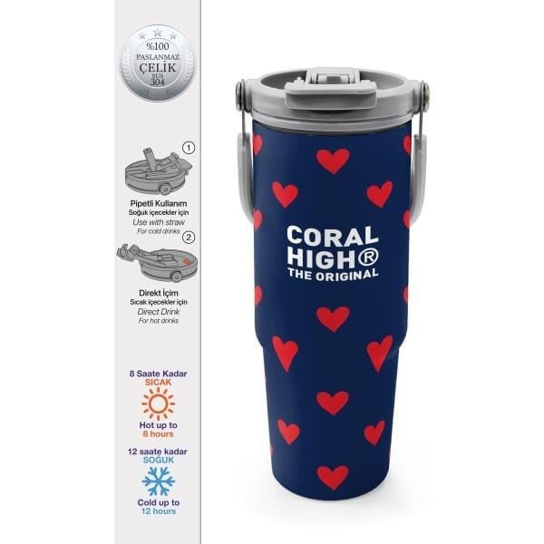 Coral High Lacivert Kırmızı Kalp Desenli Pipetli ve Direkt İçim Çelik Termos 900 ml 38705