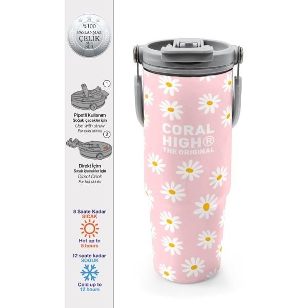 Coral High Papatya Desenli Pipetli ve Direkt İçim Çelik Termos 900 ml 38701