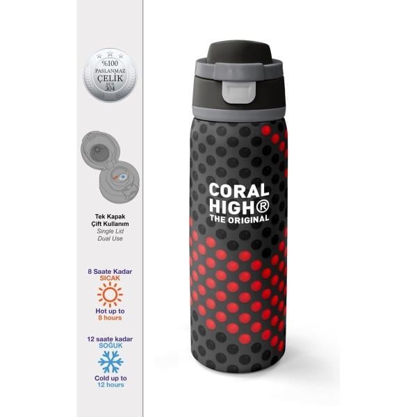 Coral High Siyah Kırmızı Desenli Pipetli ve Direkt İçim Çelik Termos 800 ml 38511