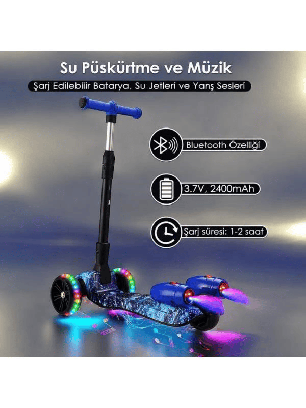 CToy 3 Tekerlekli Duman Efektli Bluetoothlu LED Işıklı Müzikli Çocuk Scooter (3-9 Yaş) – Kırmızı Grafiti