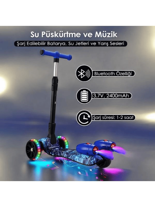 CToy 3 Tekerlekli Duman Efektli Bluetoothlu LED Işıklı Müzikli Çocuk Scooter (3-9 Yaş) – Mavi Mermer
