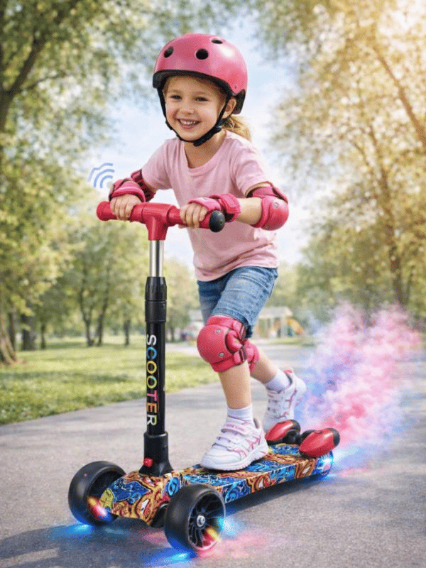 CToy 3 Tekerlekli Duman Efektli Bluetoothlu LED Işıklı Müzikli Çocuk Scooter (3-9 Yaş) – Kırmızı Grafiti