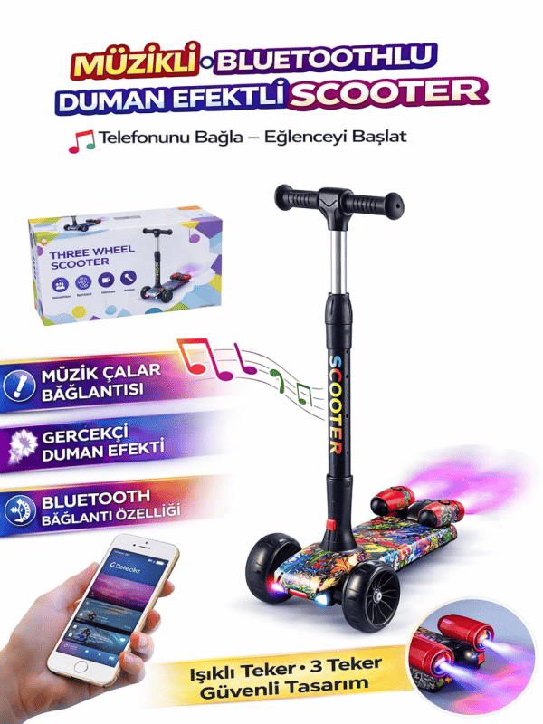 CToy 3 Tekerlekli Duman Efektli Bluetoothlu LED Işıklı Müzikli Çocuk Scooter (3-9 Yaş) – Kırmızı Grafiti