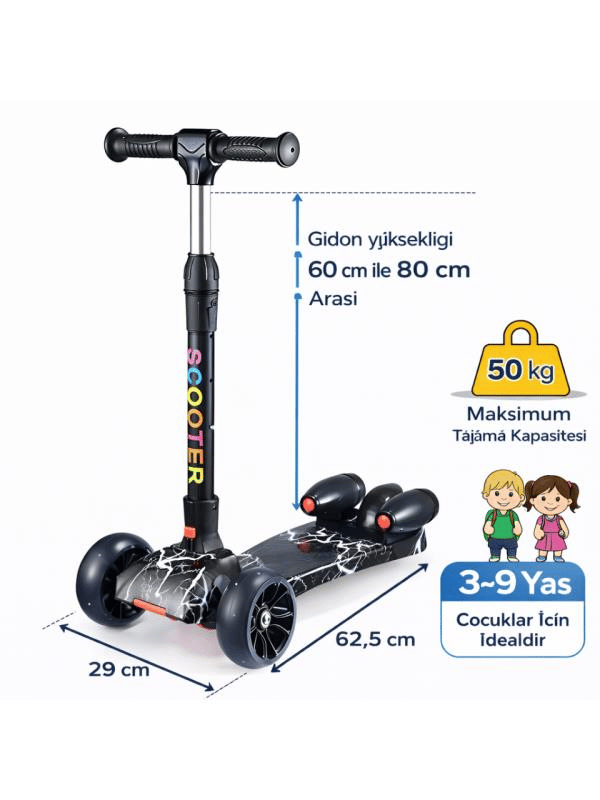CToy 3 Tekerlekli Duman Efektli Bluetoothlu LED Işıklı Müzikli Çocuk Scooter (3-9 Yaş) – Siyah Mermer