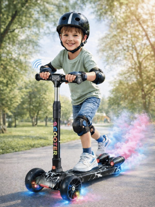 CToy 3 Tekerlekli Duman Efektli Bluetoothlu LED Işıklı Müzikli Çocuk Scooter (3-9 Yaş) – Siyah Mermer