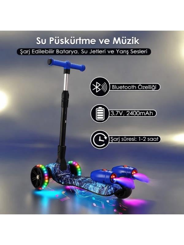 CToy 3 Tekerlekli Duman Efektli Bluetoothlu LED Işıklı Müzikli Çocuk Scooter (3-9 Yaş) – Siyah Mermer