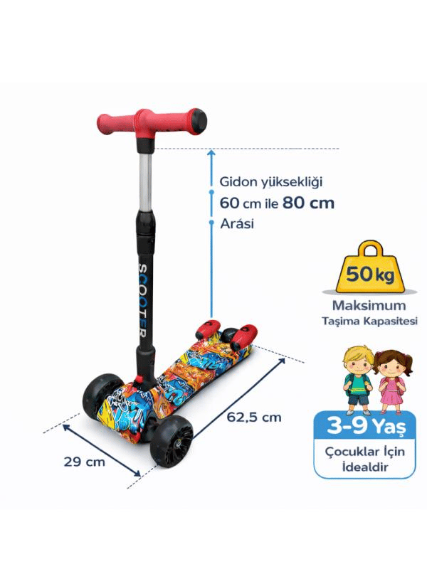CToy 3 Tekerlekli Duman Efektli Bluetoothlu LED Işıklı Müzikli Çocuk Scooter (3-9 Yaş) – Kırmızı Grafiti