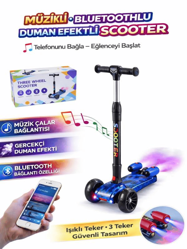 CToy 3 Tekerlekli Duman Efektli Bluetoothlu LED Işıklı Müzikli Çocuk Scooter (3-9 Yaş) – Mavi Mermer