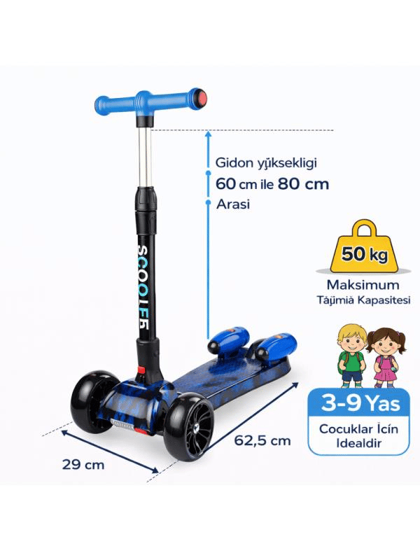 CToy 3 Tekerlekli Duman Efektli Bluetoothlu LED Işıklı Müzikli Çocuk Scooter (3-9 Yaş) – Mavi Mermer