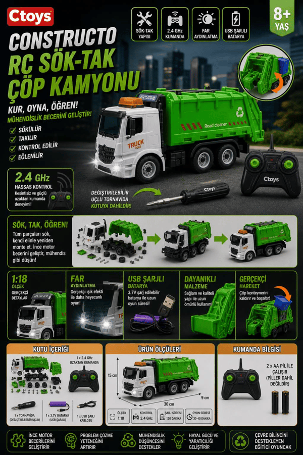Ctoy Constructo RC Sök-Tak Çöp Kamyonu – USB Şarjlı 1:18 Mühendislik Oyuncak + 2.4 GHz Kumanda