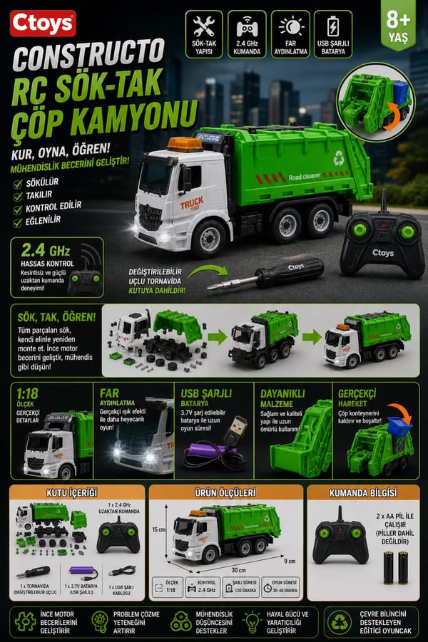 Ctoy Constructo RC Sök-Tak Çöp Kamyonu – USB Şarjlı 1:18 Mühendislik Oyuncak + 2.4 GHz Kumanda