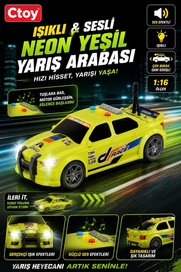 Ctoy Işıklı ve Sesli Neon Yeşil Yarış Arabası