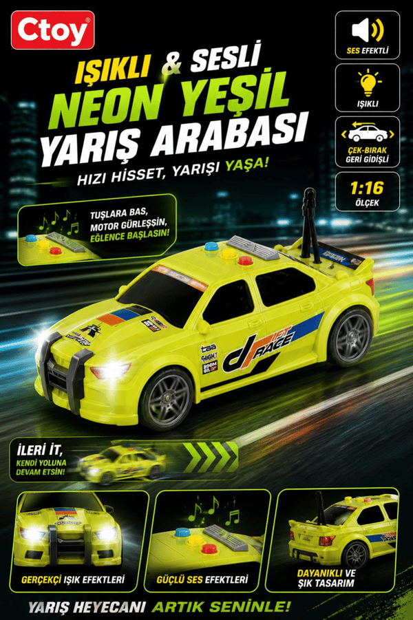 Ctoy Işıklı ve Sesli Neon Yeşil Yarış Arabası
