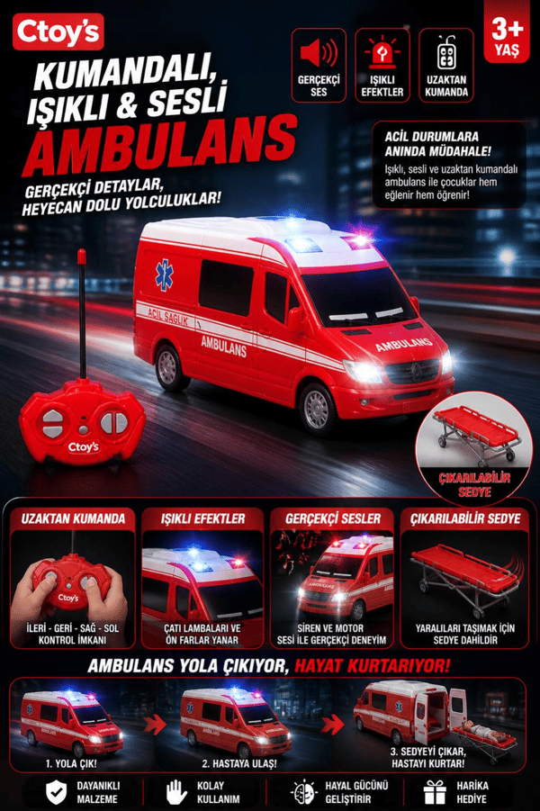 Ctoy Kumandalı Işıklı ve Sesli Ambulans / İtfaiye Minibüsü 1:32