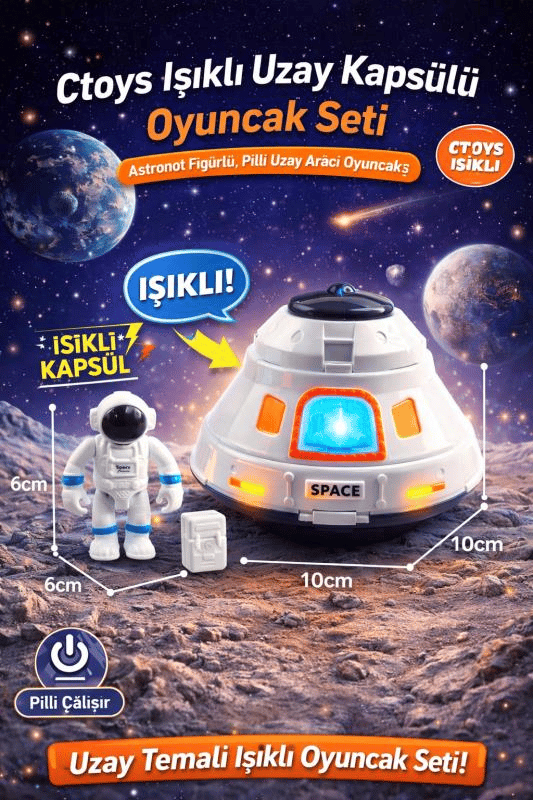 Ctoys Işıklı Uzay Kapsülü Oyuncak Seti – Astronot Figürlü, Pilli Uzay Aracı Oyuncak (3+ Yaş)