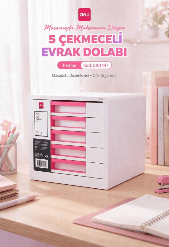 Deli 5 Çekmeceli Evrak Dolabı Pembe – Masaüstü Organizer, Geniş Depolama Alanı, Ofis ve Ev Düzenleyici