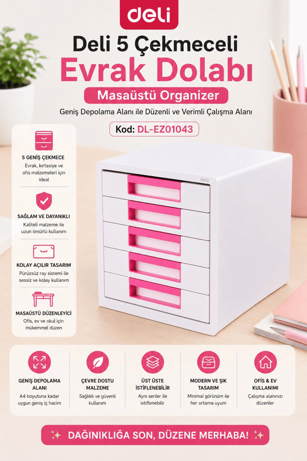 Deli 5 Çekmeceli Evrak Dolabı Pembe – Masaüstü Organizer, Geniş Depolama Alanı, Ofis ve Ev Düzenleyici