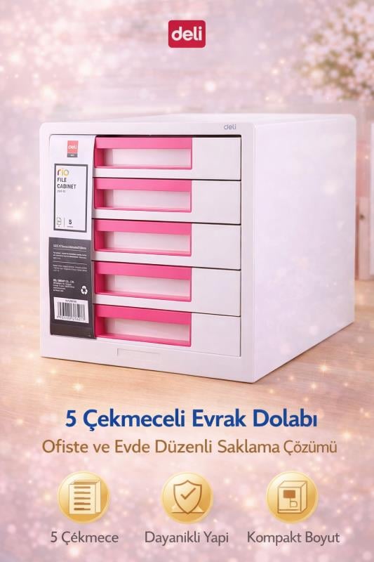 Deli 5 Çekmeceli Evrak Dolabı Pembe – Masaüstü Organizer, Geniş Depolama Alanı, Ofis ve Ev Düzenleyici
