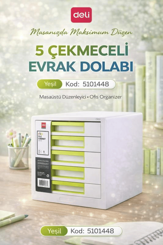 Deli 5 Çekmeceli Evrak Dolabı Yeşil – Masaüstü Organizer, Geniş Depolama Alanı, Ofis ve Ev Düzenleyici