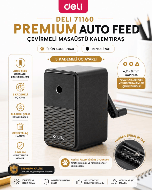 Deli 71160 Premium Auto Feed Çevirmeli Masaüstü Kalemtıraş Siyah | 5 Kademe Uç Ayarlı