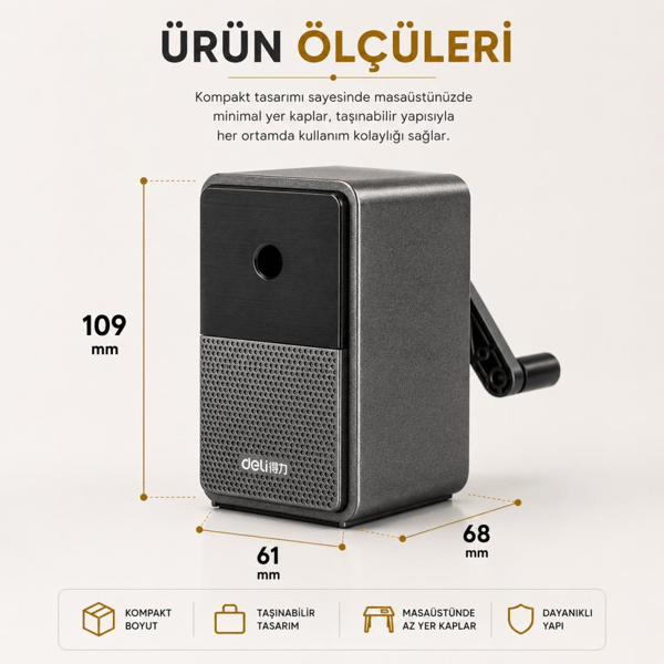 Deli 71160 Premium Auto Feed Çevirmeli Masaüstü Kalemtıraş Siyah | 5 Kademe Uç Ayarlı